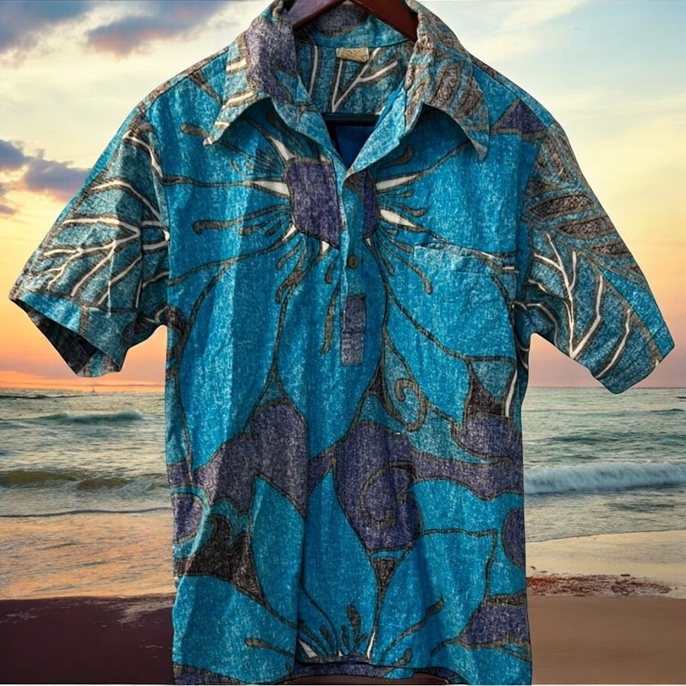 Vtg GO BAREFOOT Hawaiian Aloha Shirt Men's L Blue Floral Wide Collar Pullover